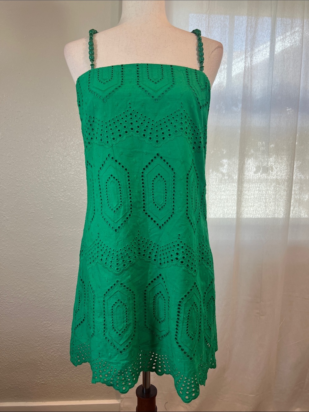 Hyacinth House Green Eyelet Beaded Strap Mini Ibiza Dress. Size S. NWOT